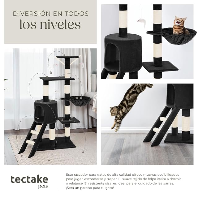 Foto 8 de 8 de tectake® Arbol Rascador para Gatos, Rascador 144cm, Caseta, Varias Alturas, 3 Ratones de Juguete, Nido…