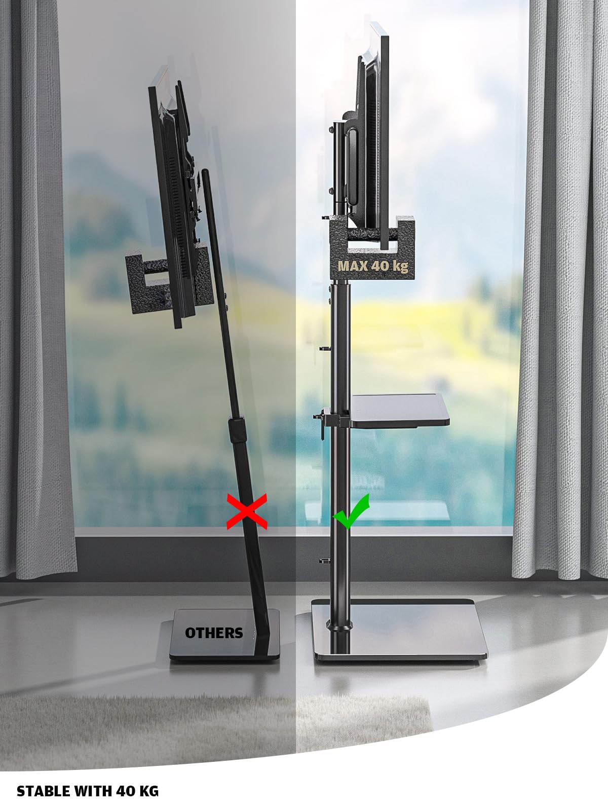 Supporto universale per TV da pavimento con supporto girevole a 80 gradi, altezza regolabile e design salvaspazio per la maggior parte dei televisori LCD, LED OLED da 27 a 65 pollici, 2 ripiani