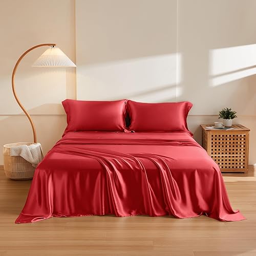 THXSILK Silk Sheet Set 4 Pcs, 6A+ Top Grade 100% Natural Mulberry Silk Bed Sheets, Luxury Bedding Sets -Ultra Soft Durable, 1 Fitted Sheet, 1 Flat Sheet and 2 Pillow Shams (Queen, Red)