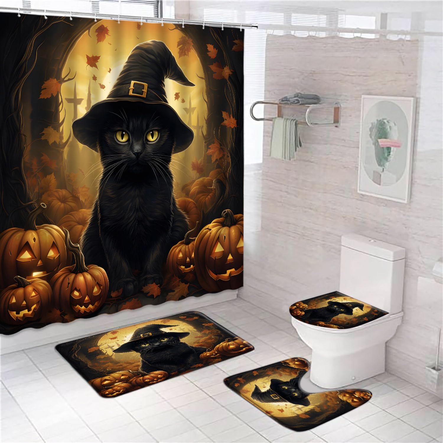 4Pcs Halloween Black Cat Shower Curtain Set Fall Autumn Pumpkin Funny Animals Witch Magic Hat Happy Holiday All Saints Day Bathroom Toilet Lid Cover Non-Slip Rugs 12 Hooks