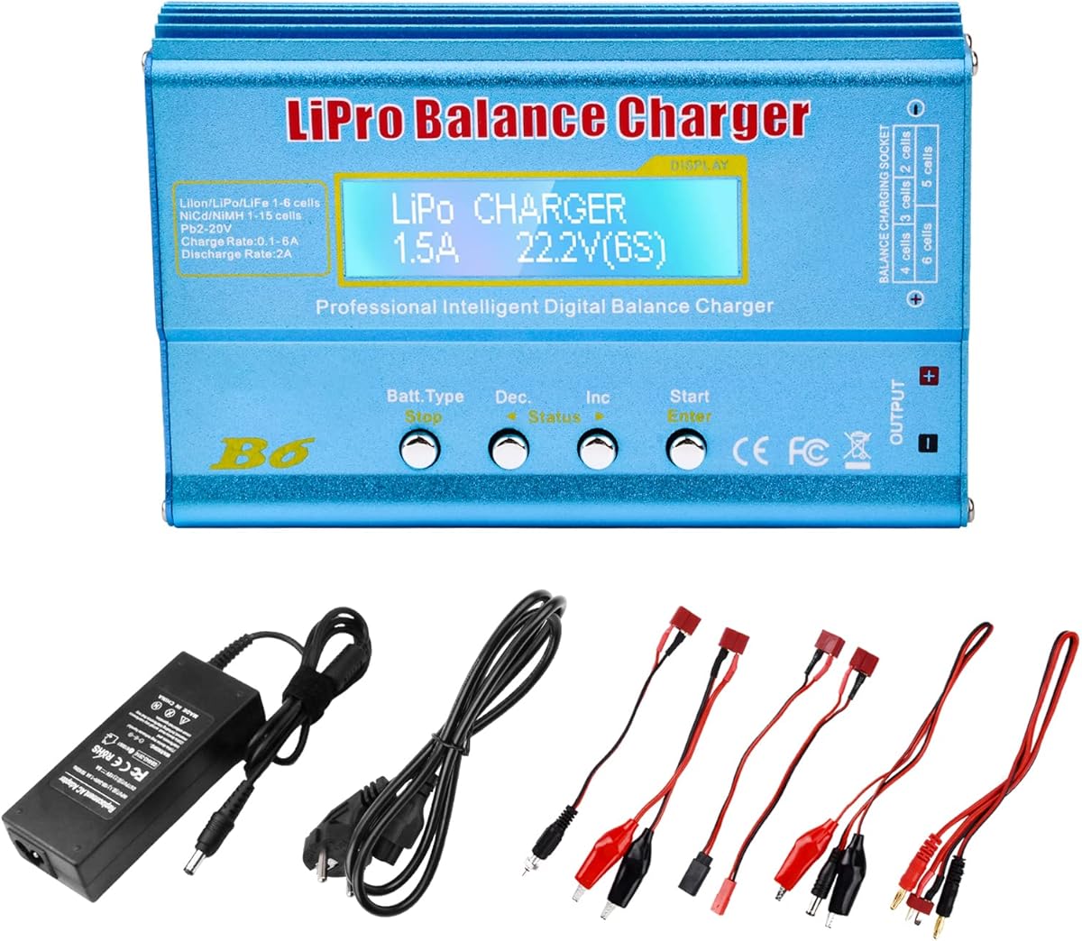 Diymore Cargador de batería Lipo,Cargador Lipo de 80W,6A Balance Charger,RC Hobby Battery Balance Barger con Adaptador para Lipo Li-Ion Life Nicd Nimh PB