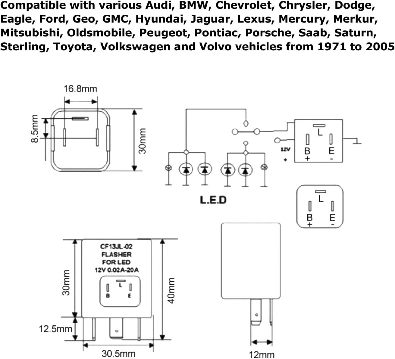 Diagram showing dimensions and pin configuration of the CF-13 flasher relay