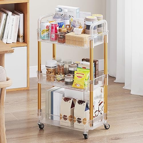 Miniatura 7 de Carrito rodante de 3 niveles, carrito de maquillaje con ruedas, carrito de aperitivos, PET y carrito rodante de metal para sala de estar, cocina,