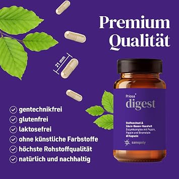Priosa Digest Digestive Enzymes 60 Capsules Including Pepsin + Papain + Bromelain Vegetable Digestive Complex Vital Substance Mix for Stomach & Digestion