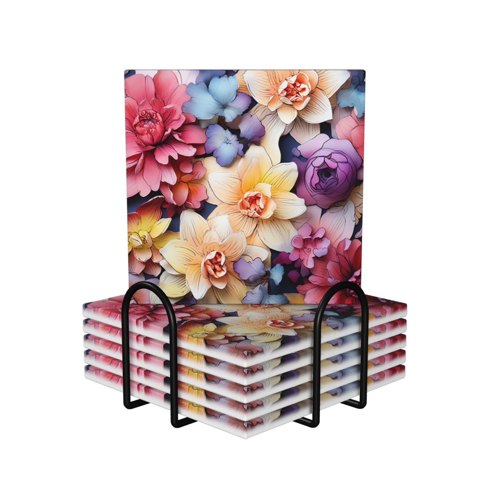 Dessous de verre carrés en céramique floral lot de 6 sous-verre liège protection table