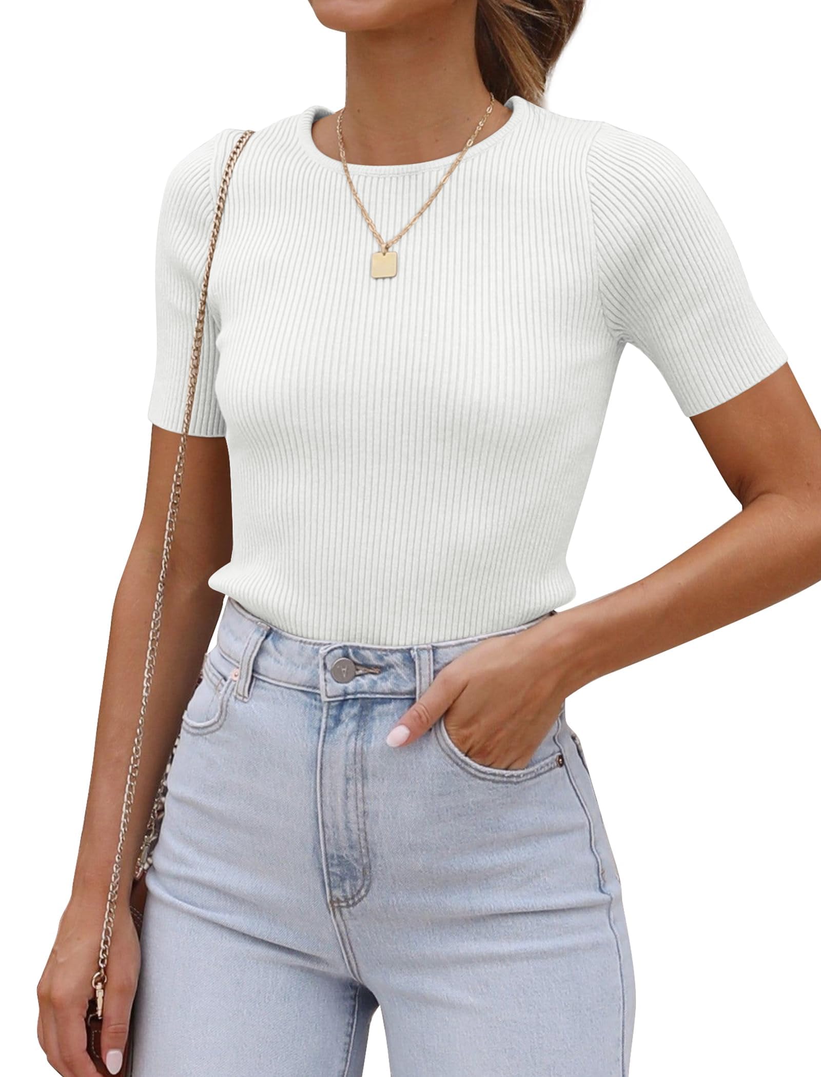 Timuspo T-Shirt Women's Short Sleeve Pullover Elastic Knitted Slim Fit Crew Neck Short Sleeve Tops Summer Jumper Basic T-Shirt Casual Business