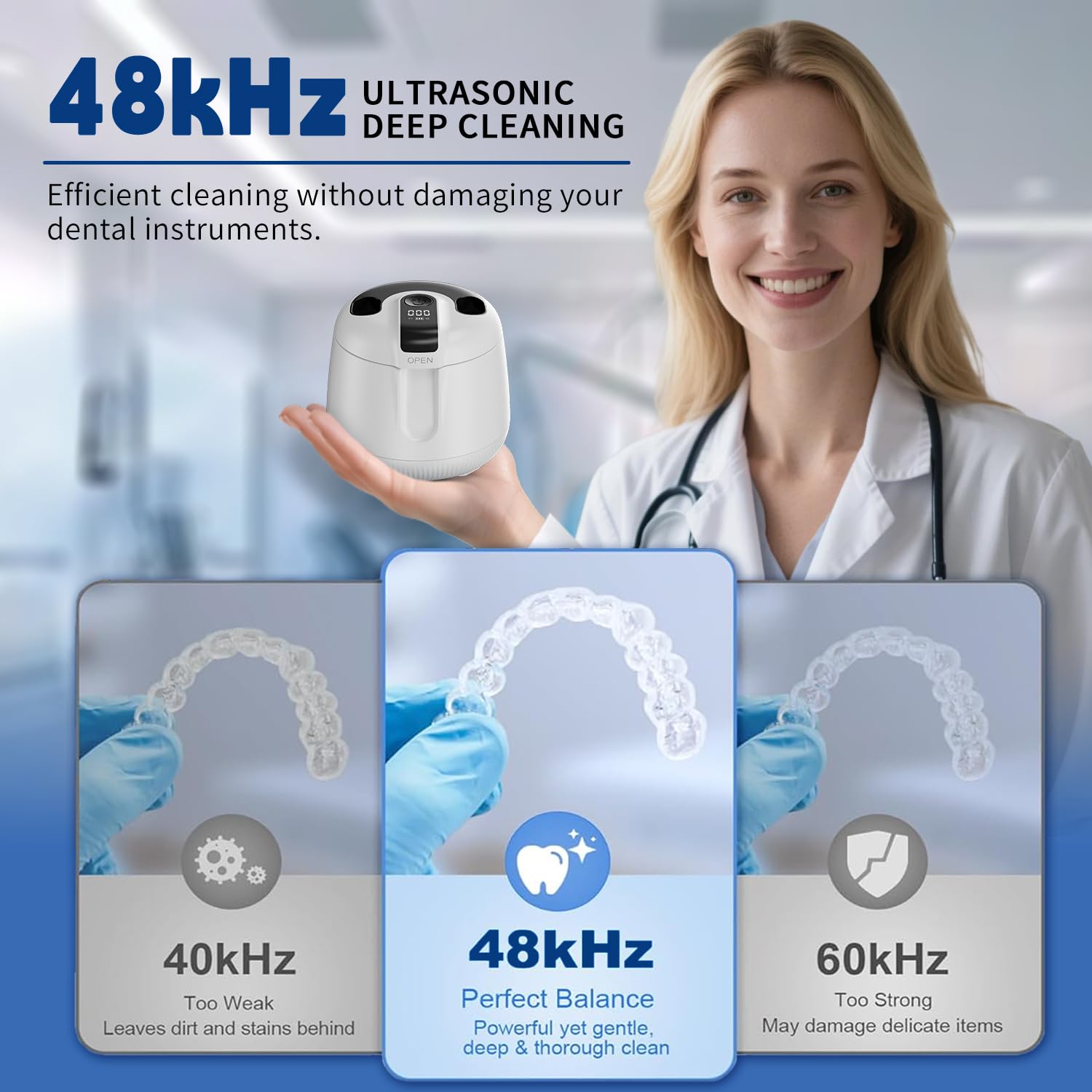 Máquina limpiadora ultrasónica dental de 48 kHz con temporizador digital y 200 ml, limpieza profunda para prótesis, protectores bucales, alineadores, protectores nocturnos, aparatos ortopédicos