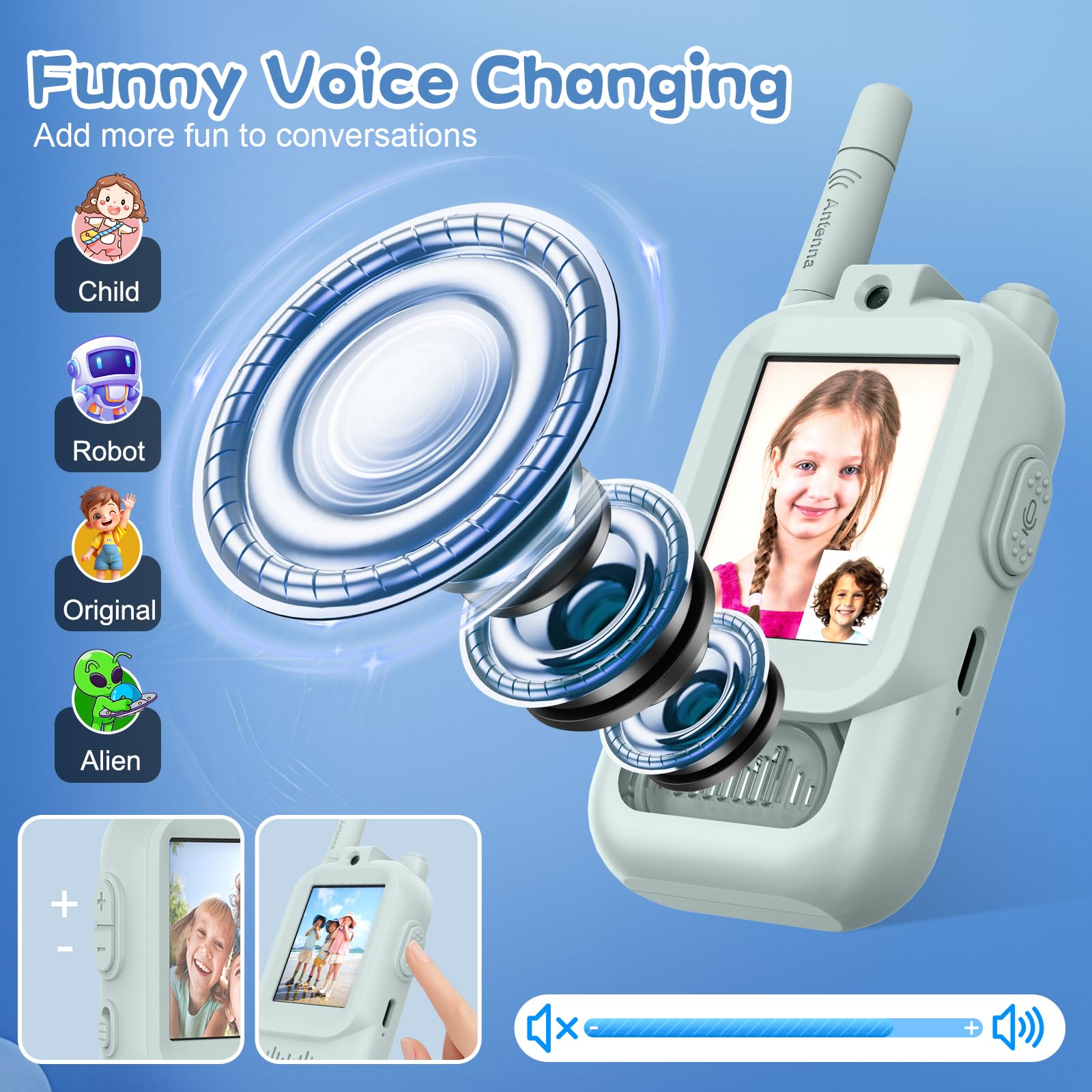 Video Walkie Talkie Bambini, Set da 2 Dispositivi Ricaricabili con Interfono Video, Giochi per Interni ed Esterni per Attività in Famiglia, Campeggio per Ragazzo e Ragazza dai 3 ai 12 Anni (Verde)