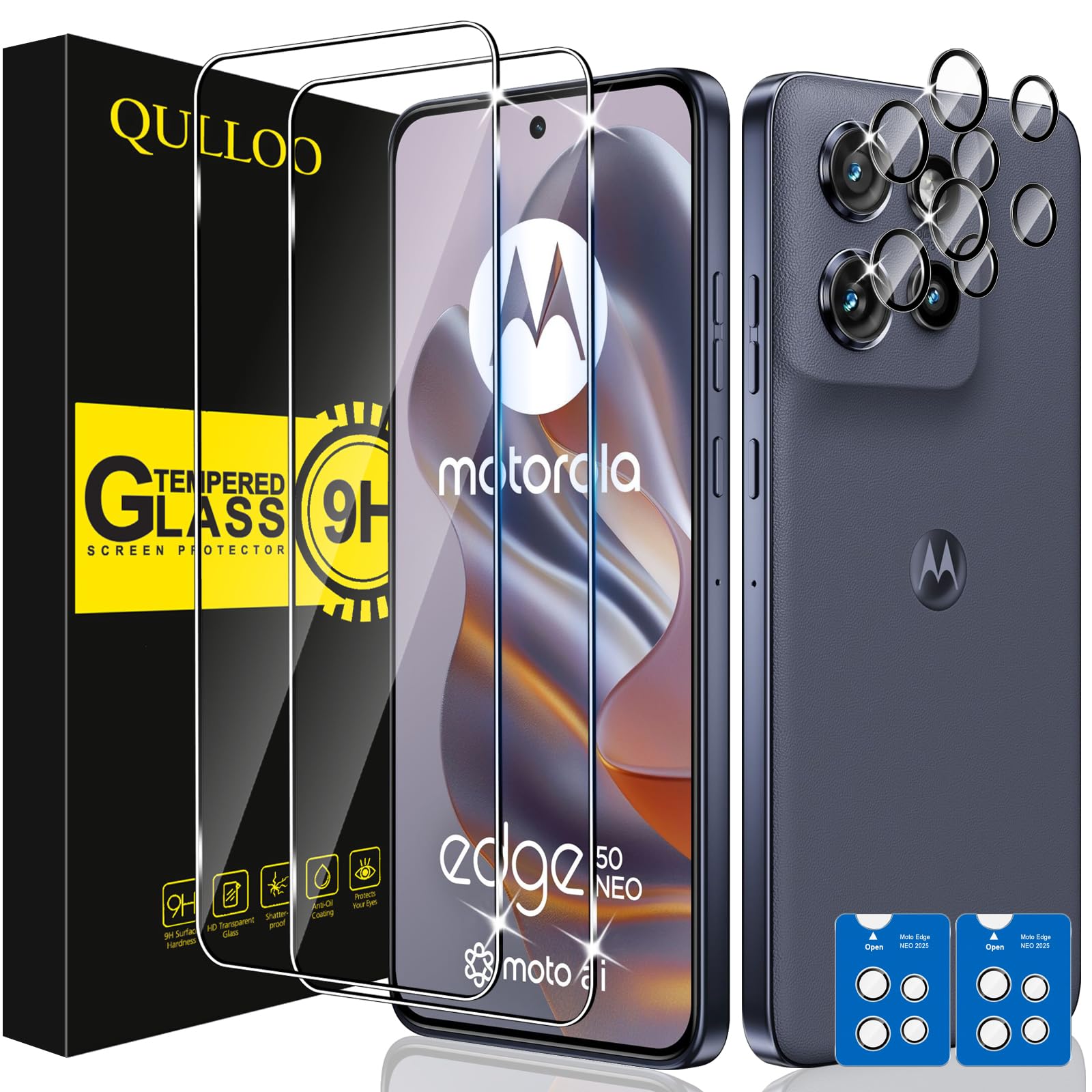 QULLOO Folie ochronne dla Motorola Moto Edge 50 Neo, 2 sztuki folii ochronnej na wyświetlacz z 2 sztukami osłon na obiektywy, 9H twardość Szkło hartowane HD Przezroczyste osłona antyrysunkowa dla