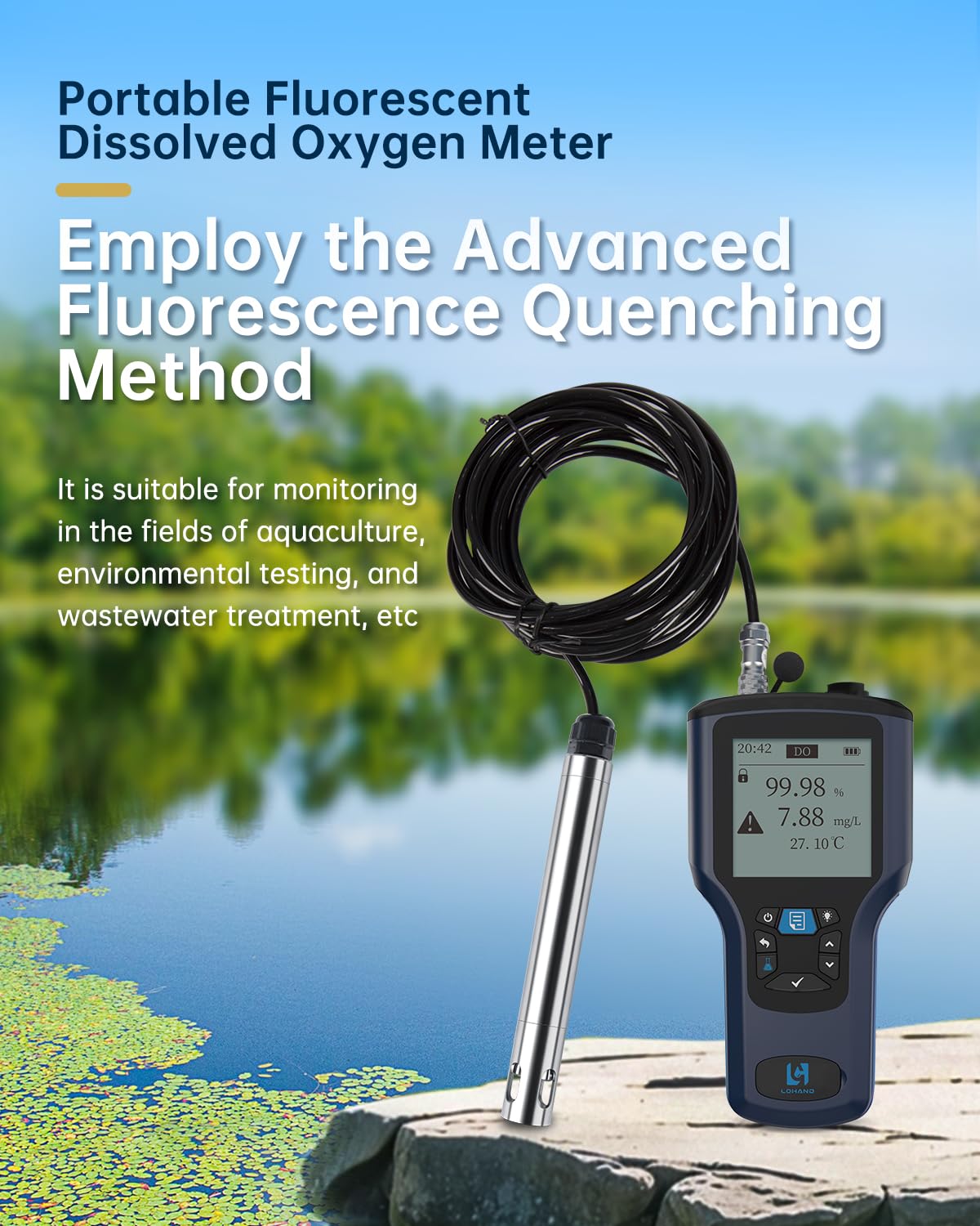 LOHAND Portable Fluorescent Dissolved Oxygen Meter, 0.01mg/L High Precision, Professional Digital Dissolved Oxygen Tester for Aquaculture/Wastewater Treatment, Range:0-20mg/L