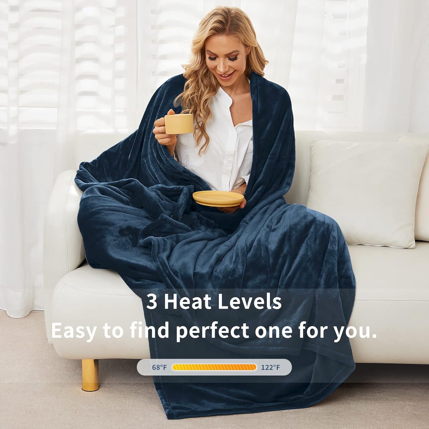 Vagueior Electric Heated Blanket Full Size 72'' x 84'' Extra-Warm Lightweight Cozy Luxury Electric Blanket Machine Washable with 3 Heating Levels Auto-Off Machine Washable - Blue ETL Certification - Image 2