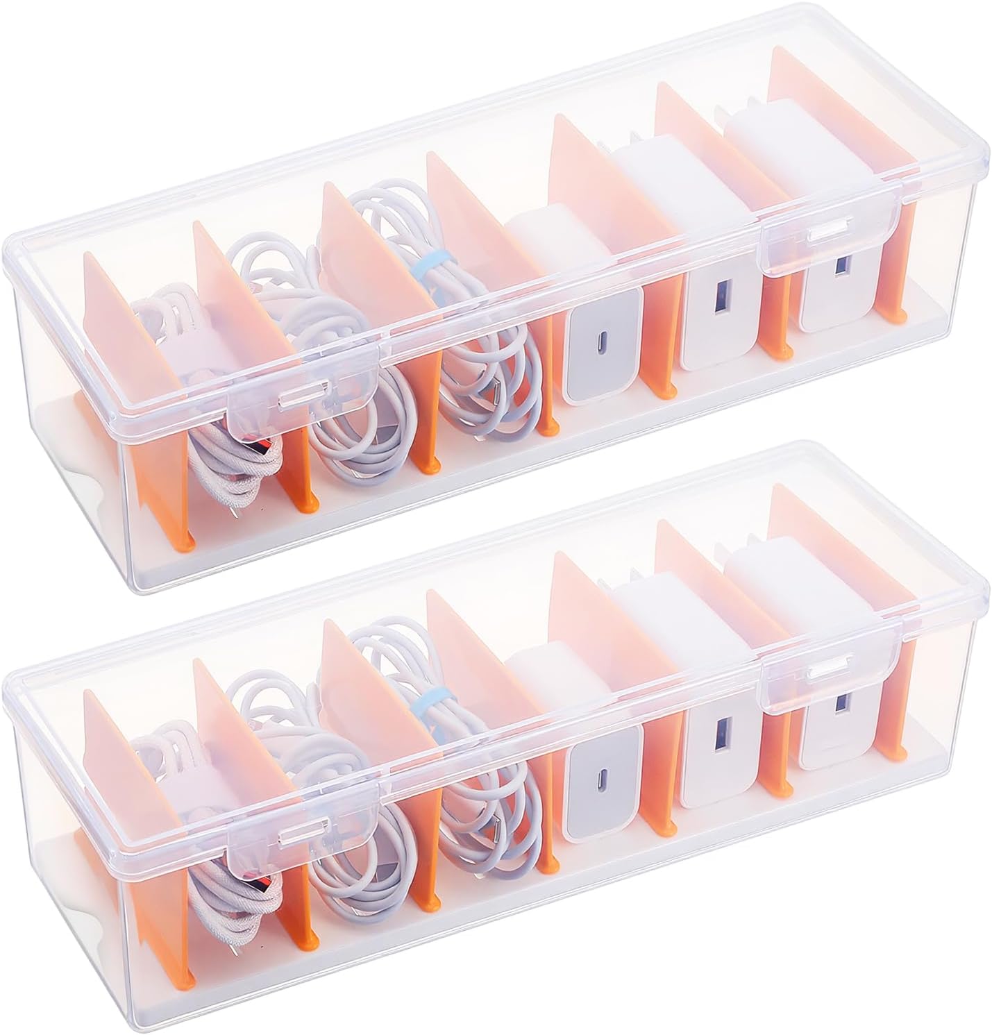 2 Pack Clear Cable Organizer Box with Lid,Plastic Charger Cable Cord Storage Organizer, Stackable Office Desk Organizers, Multifunctional Accessories Storage for Home Drawer Office