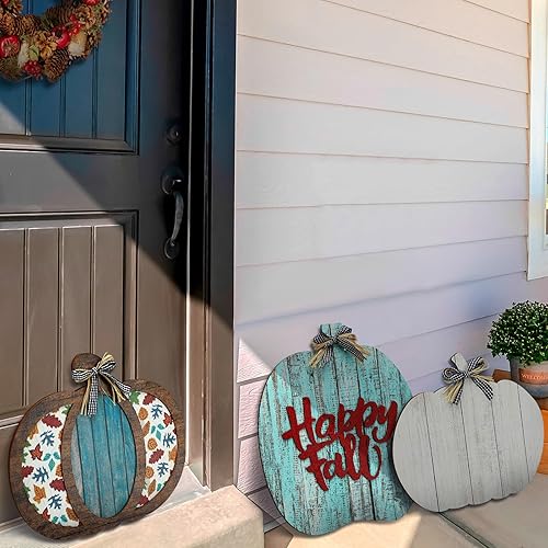 Miniatura 6 de Kigley Juego de 4 letreros de calabaza de madera para porche al aire libre, decoración de Acción de Gracias, feliz otoño, patio, puerta delantera,