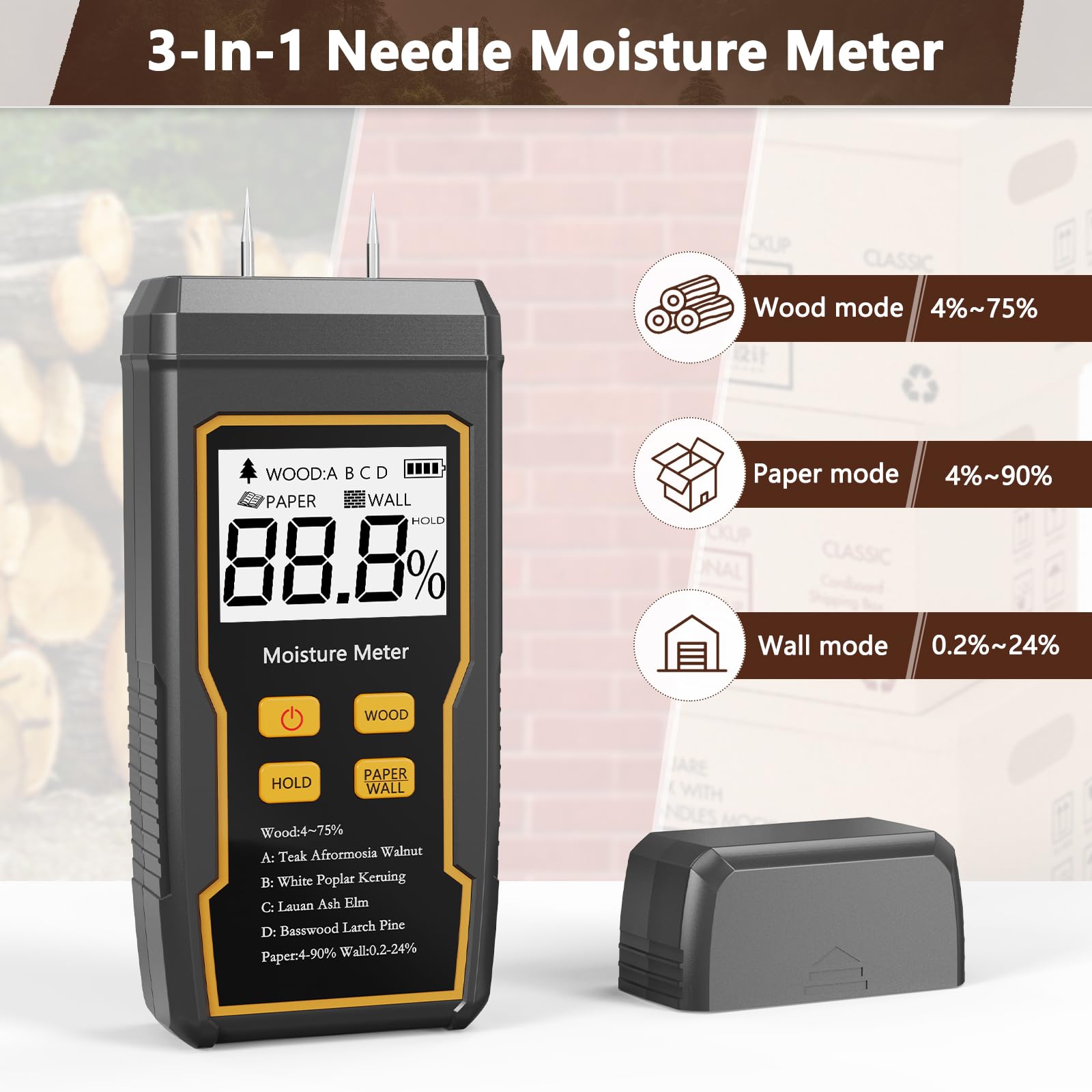 Medidor de humedad de madera, medidor de humedad de 2 pines para paneles de yeso, medidor de humedad para madera, pantalla LCD retroiluminada con audible y visual, para madera, pared, cartón, yeso