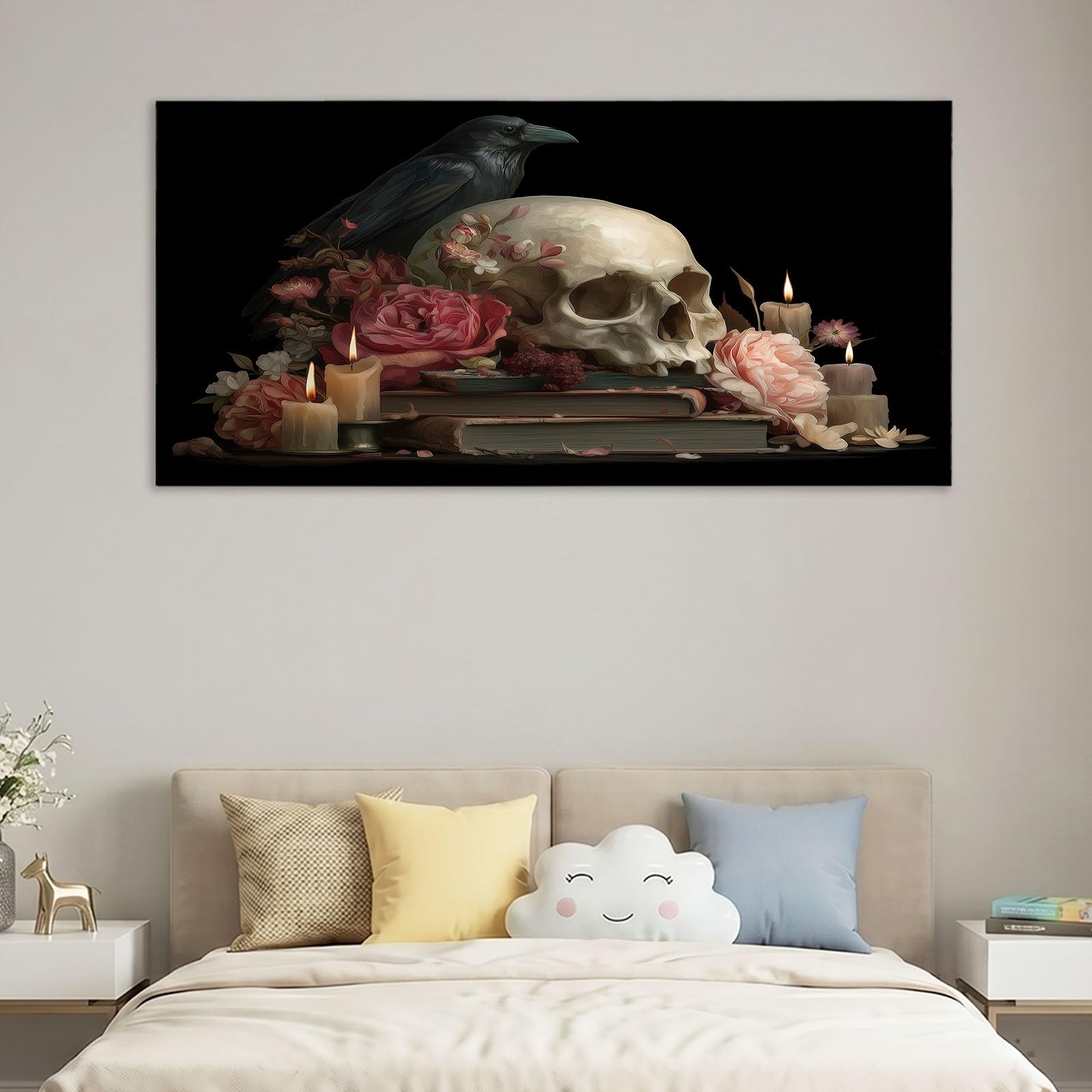 Lienzo gótico de fantasía oscura para pared, 120 x 60 cm, lienzo enmarcado, diseño de rosas florales para baño, dormitorio, sala de estar, paredes, con ganchos y clavos