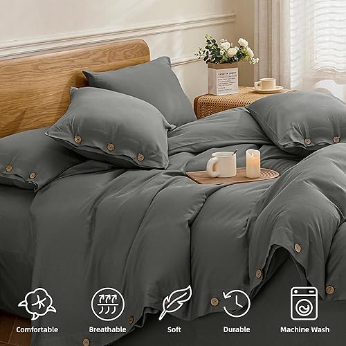 Miniatura 4 de JELLYMONI - Juego de funda de duvet de algodón lavado color gris con cierre de botón y fundas, juego de 3 piezas tamaño king (no incluye el edredón