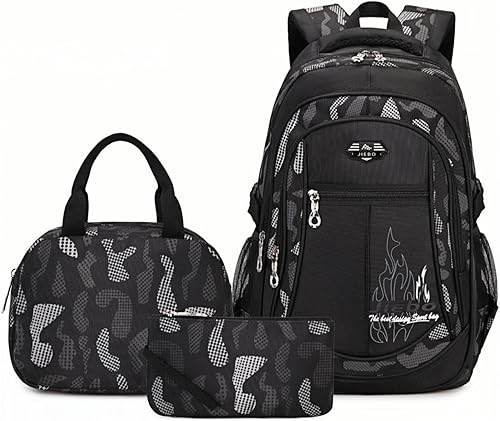Juego de 3 mochilas y bolsa de almuerzo con estampado de camuflaje para niños y niñas, mochila de camuflaje para escuela primaria impermeable