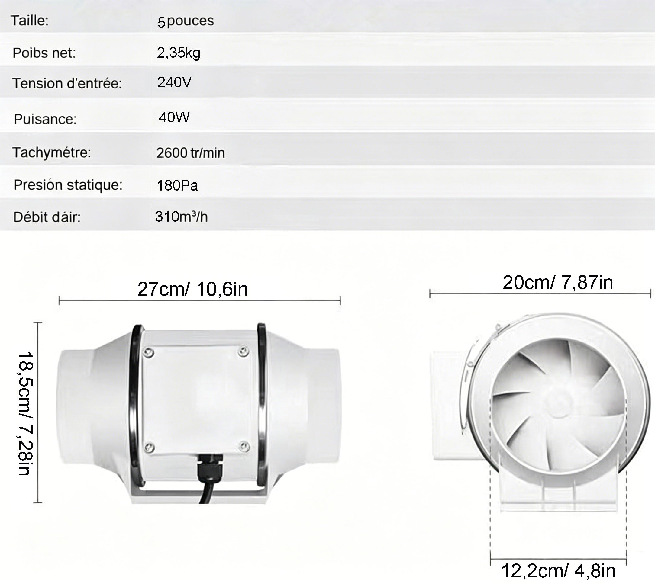 Ventilateur de Conduit en Ligne de 125mm, Ventilateur Extracteur d'air Silencieux IEC EU Plug ent, Ventilateur Tubulaire débit d'air de 310 m³/h pour VMC Salle de Bain, Cuisine, Garage et Tentes