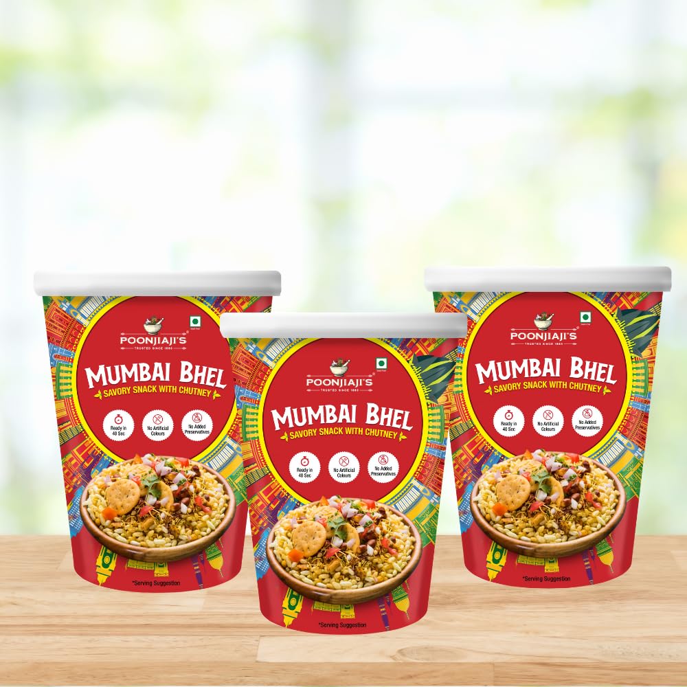 Poonjiaji’s Ready-to-Eat Mumbai Bhel 3x100g | Instant Indian Street Food Snack | Tangy & Spicy Bhel Puri with Chutney | Crunchy Travel-Friendly Cup | No Cooking Required | Chatpata Evening Snack