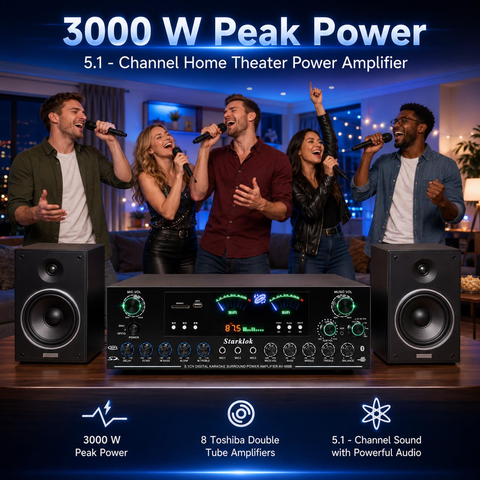 Amplificatore stereo HiFi da 3000 W, amplificatore stereo 5.1 canali, 3 ingressi microfono, Bluetooth 5.0, USB/FM/SD LED, controllo app, RCA, fibra ottica/ingresso coassiale per karaoke