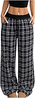 SOLY HUX Women's Plaid Checkered Flannel Pajama Pants - Wide Leg Baggy Lounge Sweatpants with Pockets