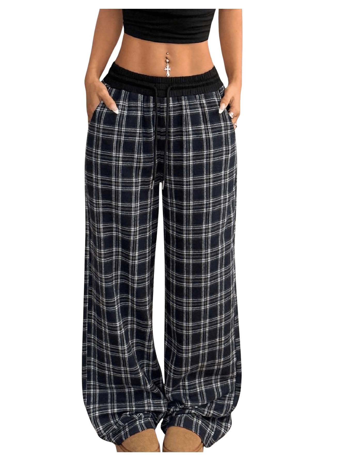 SOLY HUX Women's Plaid Checkered Pants Flannel Pajama Pants Lounge Wide Leg Baggy Sweatpants with Pockets