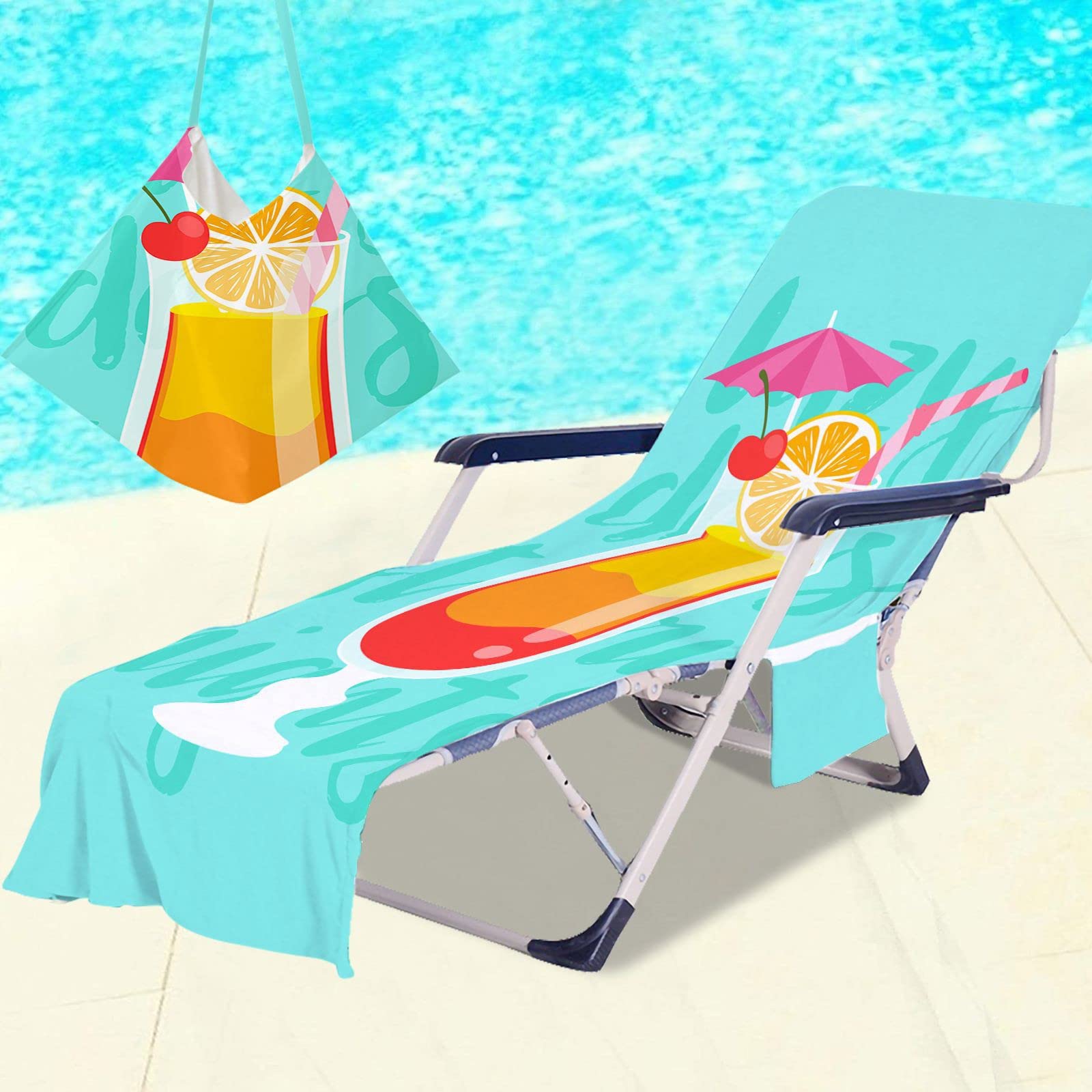 RRrawgff Beach Towel with Pockets for Loungers, Summer Style Beach Chair Cover Towel Fitted Microfiber Sunbed Towel Sun Lounger Towels for Summer Outdoor Garden Pool Vacation (Orange Juice)