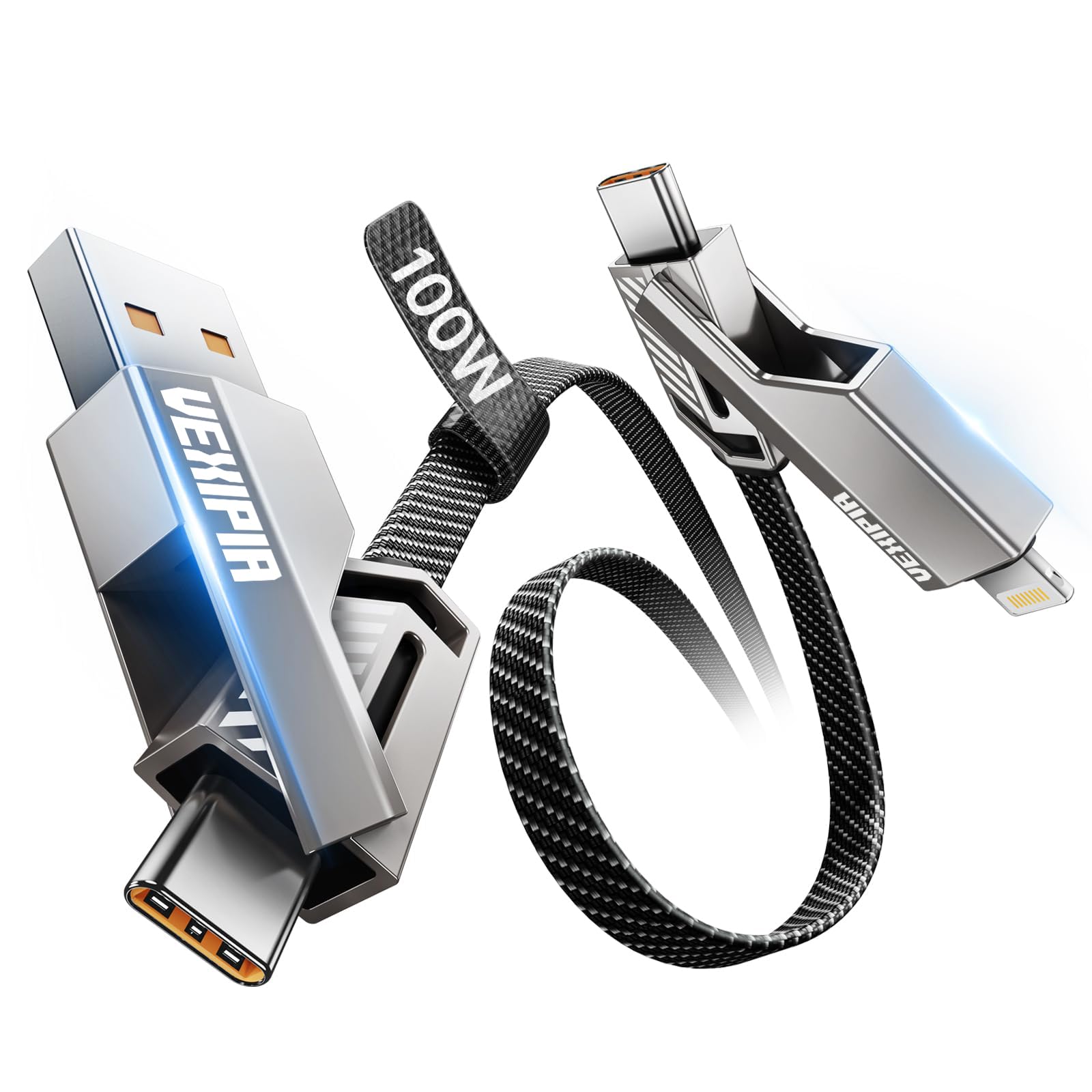 Cavo USB C 4 in 1, 100 W, 0,9 m, ricarica rapida, piatto, in nylon intrecciato, per iPhone e iPad, sincronizzazione dati da 480 Mbps, multi cavo di ricarica combinato con porta Lightning/tipo