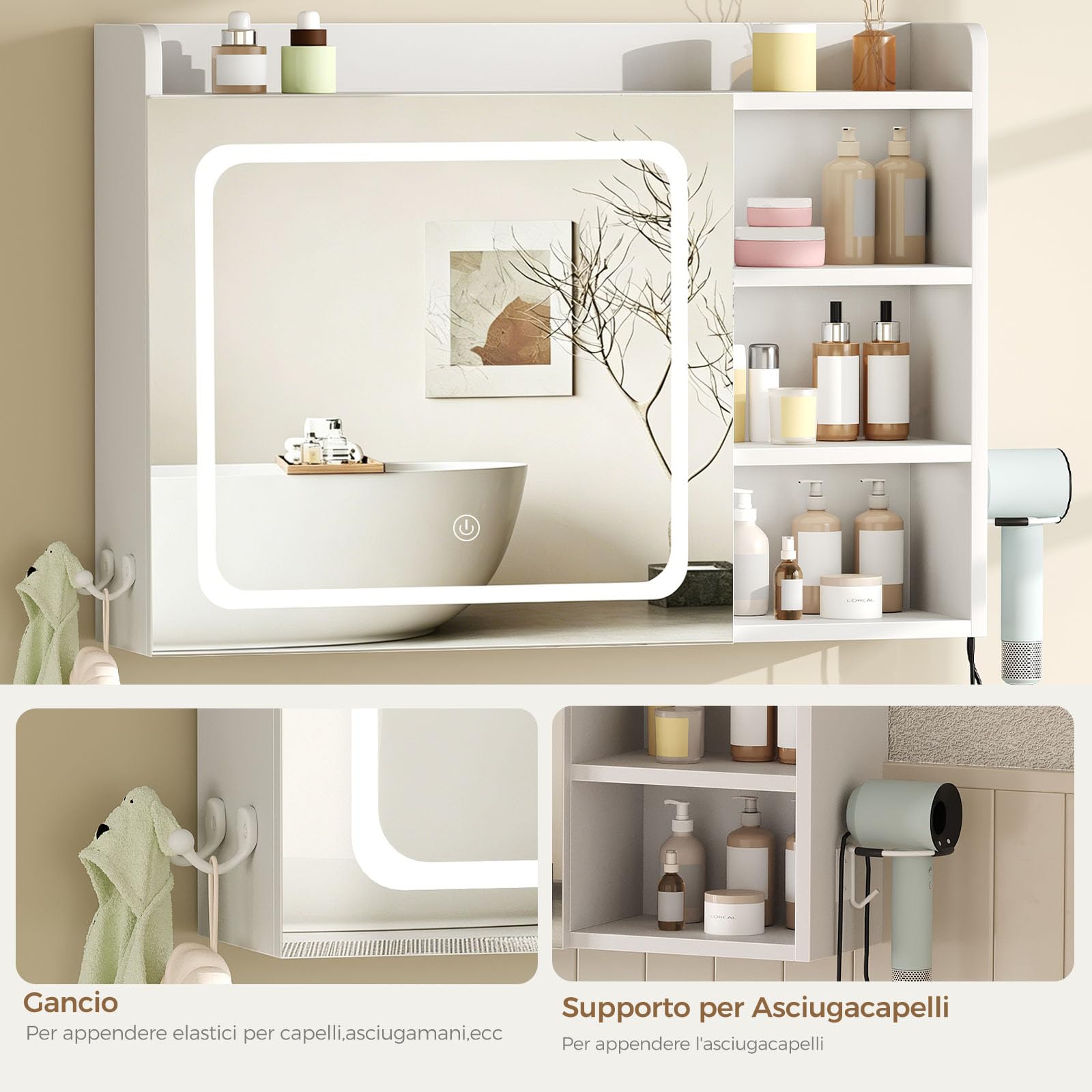 BEWISHOME Specchio Bagno Contenitore con Luci a LED 3 Tonalità Regolabili | Mobile Specchio Bagno Sospeso con Ripiano Regolabile,asciugacapelli e ganci,Bianco,17.5 x 80 x 60 cm EYJG01W