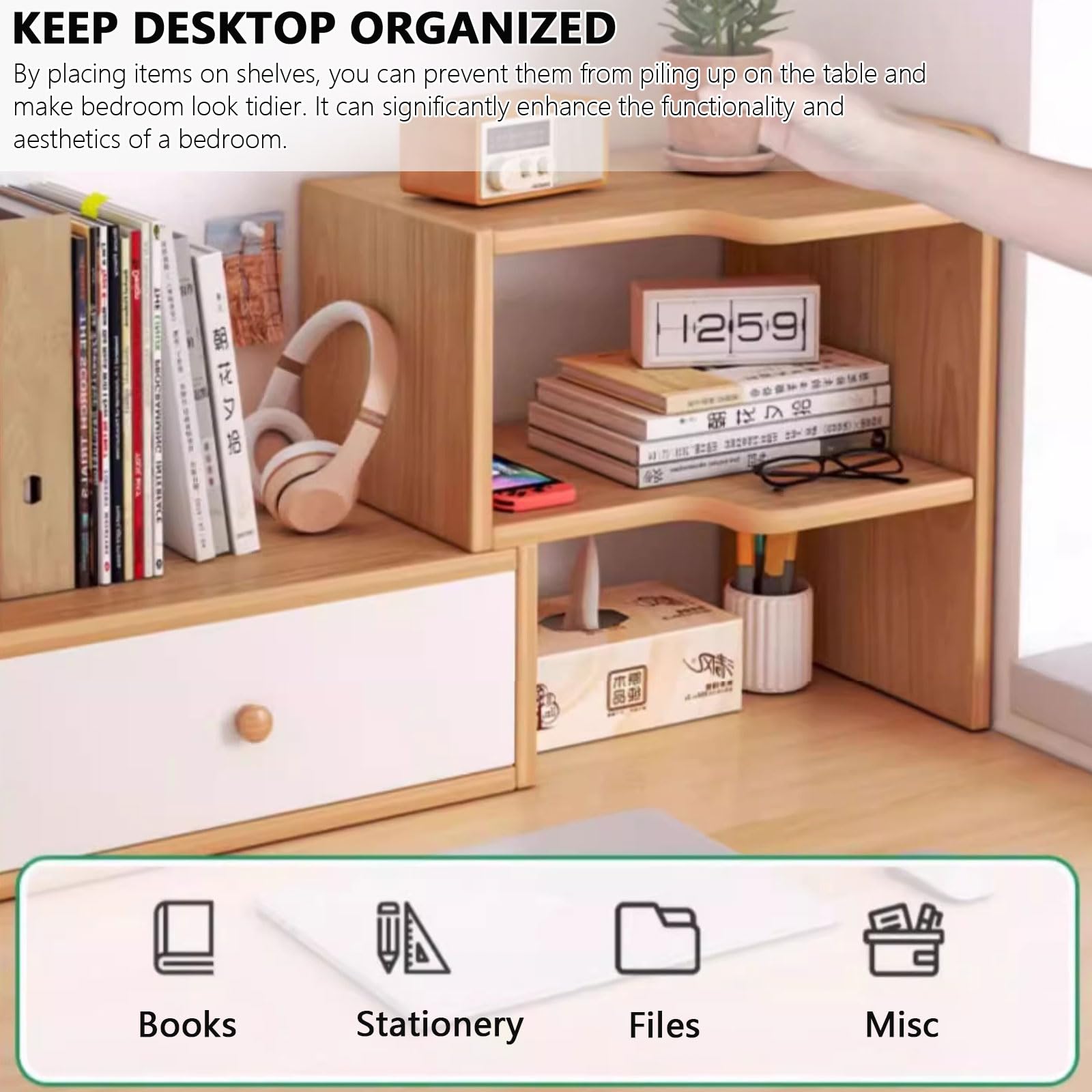 Organizator półki biurkowej Regulowane rozszerzalne półki na półkę na pulpicie Półki stacjonarne biura domowego Wyświetlacz półka mini regał Freestyle Rotation Display Organizer,Natural c