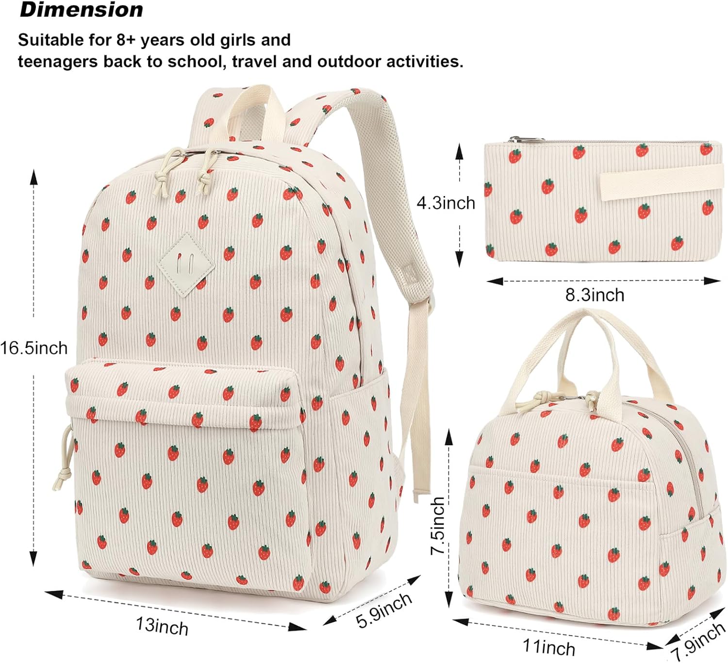 Corduroy Girls Backpack Set, 3PCS School Backpacks for Kids Elementary Middle School Bags with Lunch Box Pencil Case (Beige Corduroy Strawberry) - Image 5