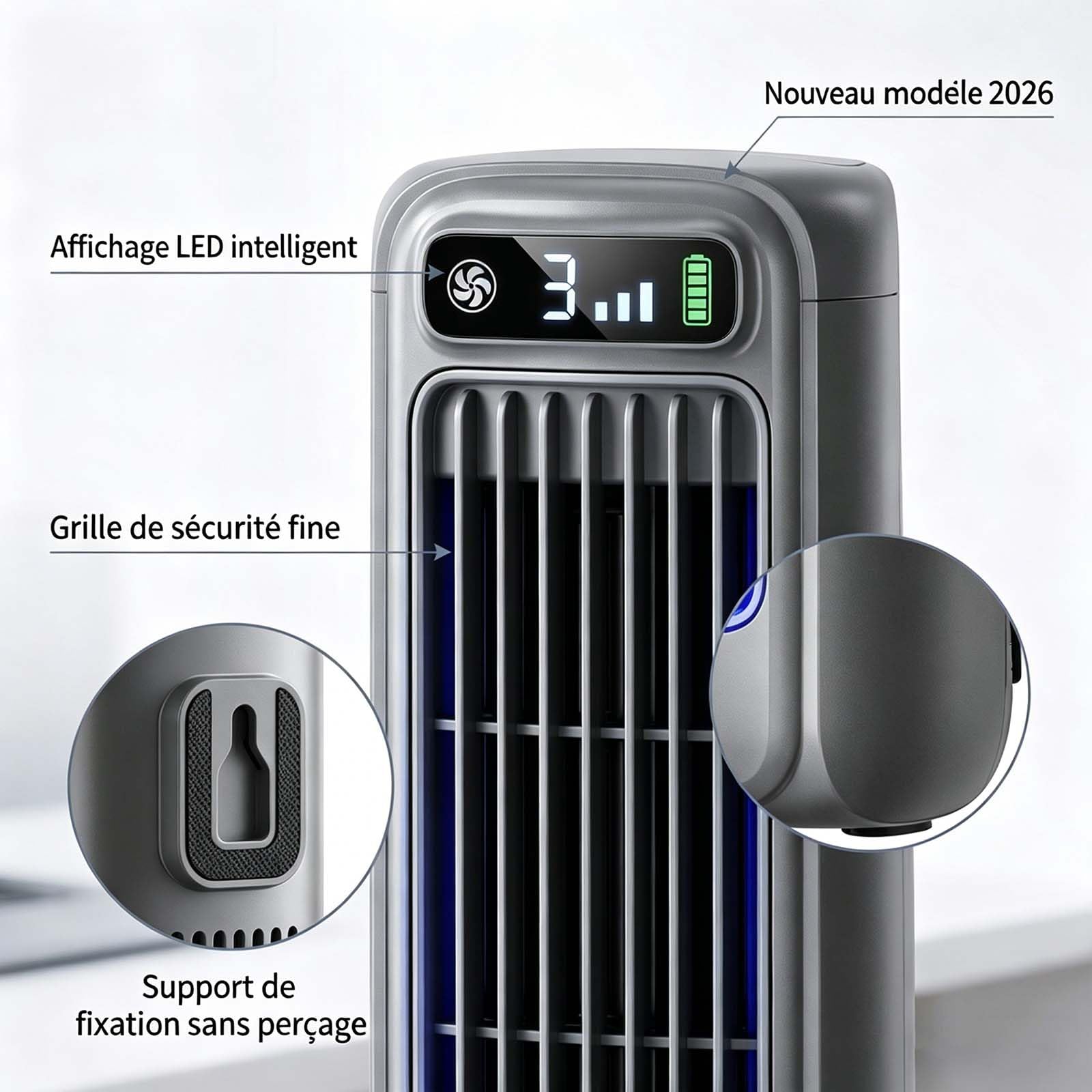 Enfriador de aire portátil, mini acondicionador de aire recargable silencioso con 3 velocidades, ventilador de refrigeración para el hogar, oficina, dormitorio (azul + blanco) - Eficiencia energética
