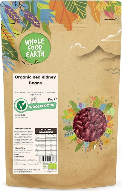 Wholefood Earth Organic Red Kidney Beans 3kg Raw | Vegan | GMO Free | Dark Red | High Fibre | High Protein | Certified Organic