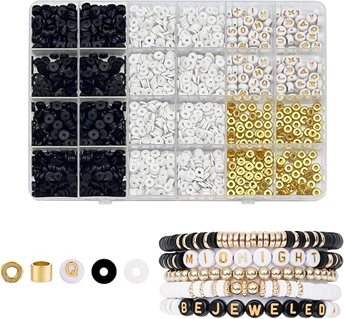 SEMATA Kit de cuentas de arcilla negra y blanca para hacer pulseras, para niñasadultos, cuentas de arcilla para hacer joyas, con cuentas doradas,