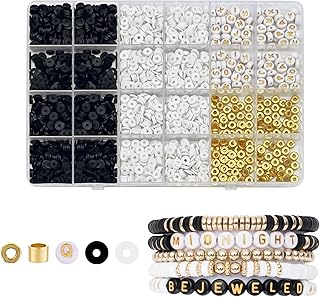 Black/White Clay Beads for Bracelet Making Kit for Girls/Adults Clay Beads for Jewelry Making Kit with Gold Beads Letter Beads Charms Friendship Bracelet Kit for Charm Heishi Beads