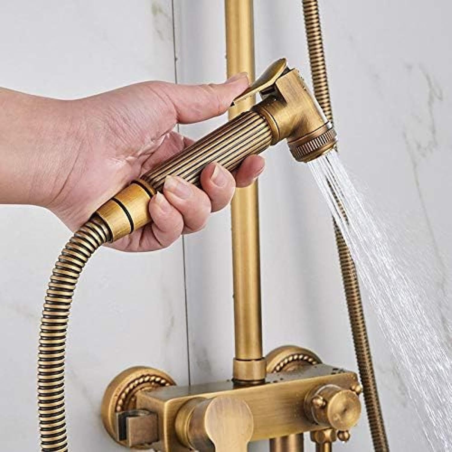 Shower Kits, Bathroom Brass Shower Set V-intage Round Top Sprayer System Full Gold Shower Kit Luxury Lifting Bath Mixer Systems