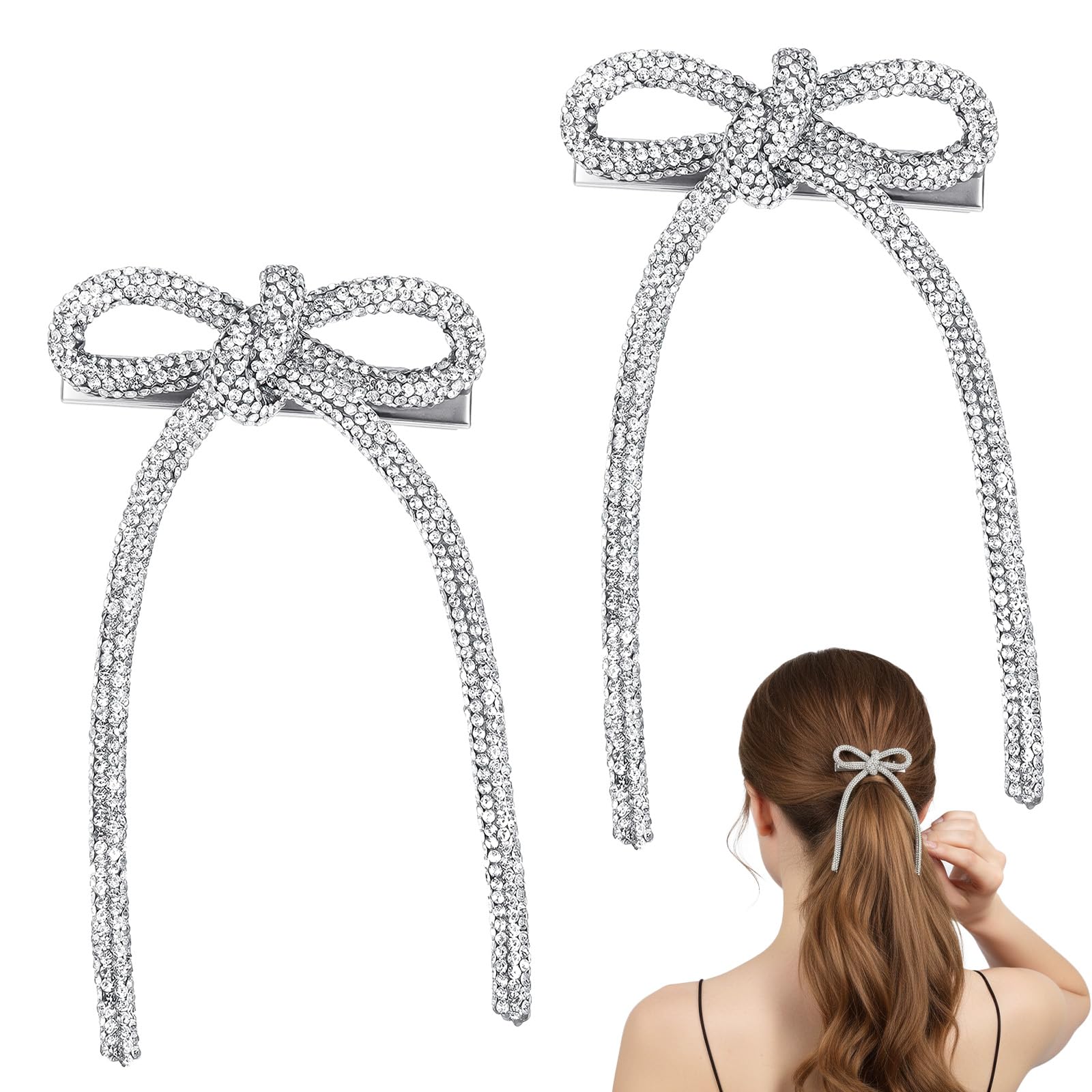 Muiltvoe 2 Pcs Silver Bow Hair Clip, Sparkly Rhinestone Hair Bows Decorative Diamond Bowknot Hair Accessories for Women Girls Prom Wedding Party