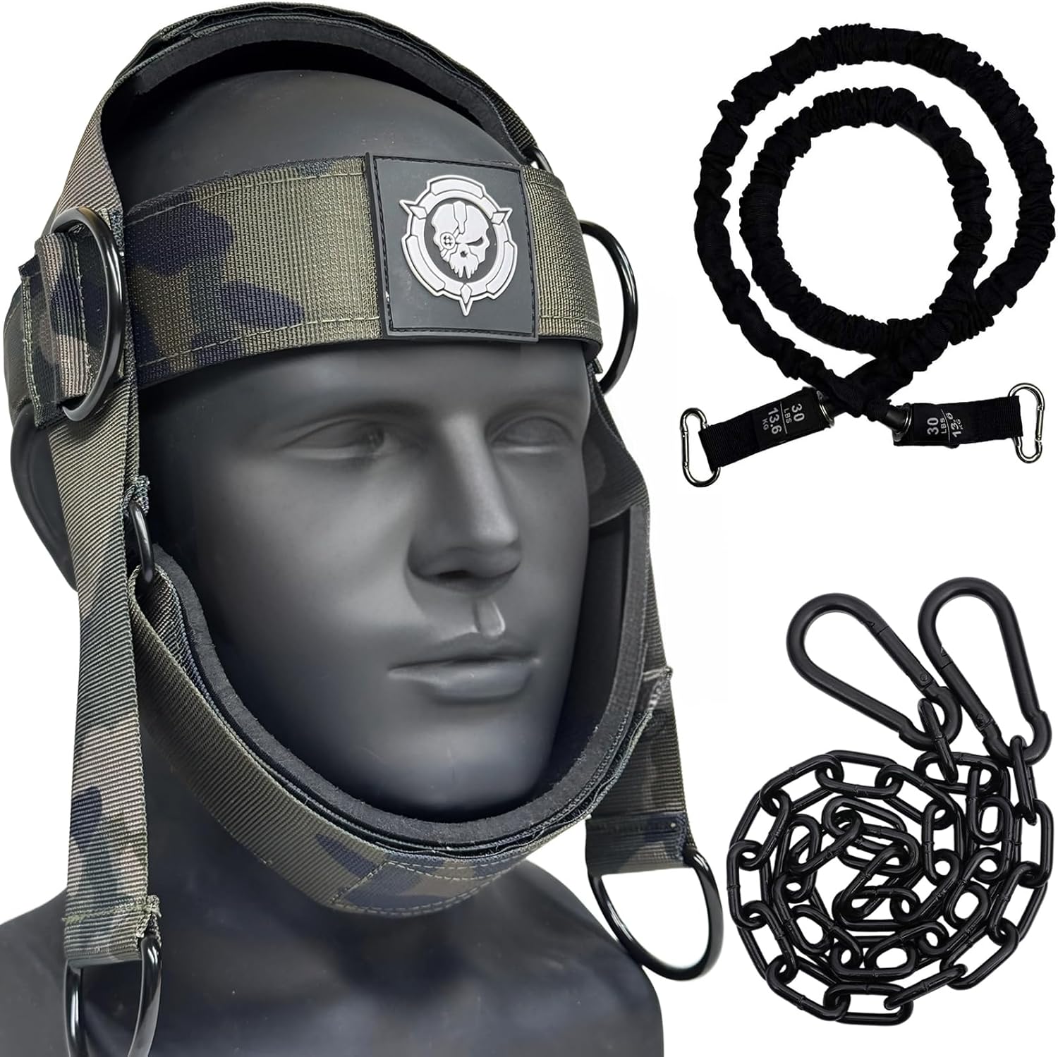 Military Green Camo Neck Trainer | Adjustable Neck Stretcher Exerciser with 15lb Resistance Band for Home Gym, Relieve Neck Tension & Strength Training