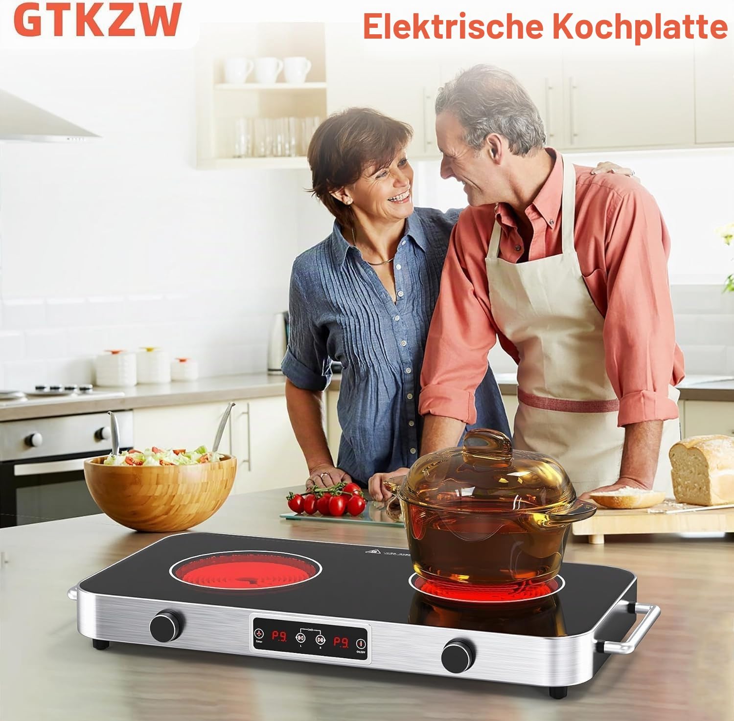 Glaskeramikkochfeld 2 Platten 2200W Elektrische Doppelkochplatte 48 cm mit Timer Tragbares Infrarotkochfeld