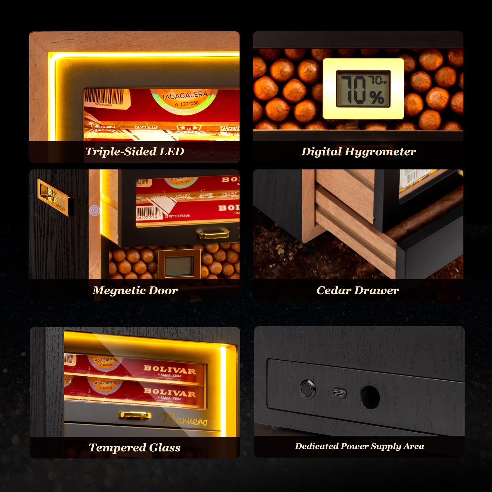 Humidor do cygar biurkowych z 5 szufladami z drewna cedrowego, cyfrowy higrometr, nawilżacz powietrza i pakiety nawilżające, na 200 cygar, czarny