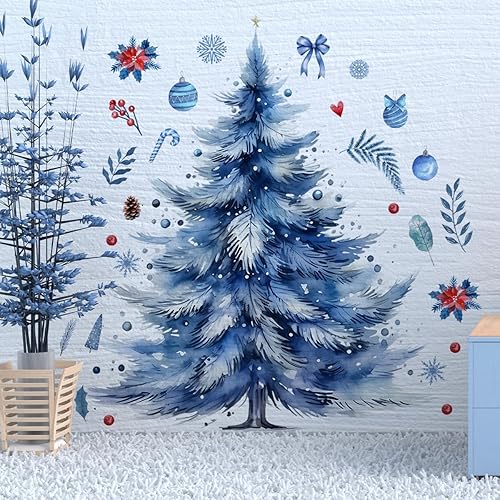 Miniatura 3 de Calcomanías de pared para árbol de Navidad vintage de 44.1 x 33.5 pulgadas, calcomanías de acuarela extraíbles, calcomanías de pared para baño,
