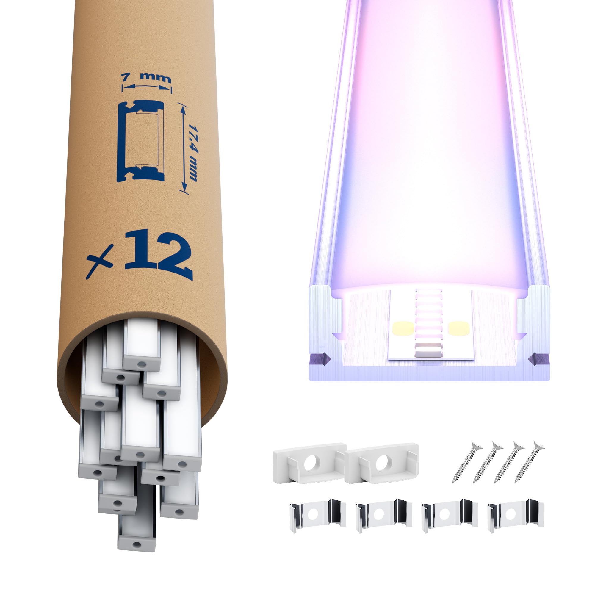 12 x Profilo Alluminio per Strisce LED 2M (24mt) - Canalina per Striscia LED con Copertura Opaca - Dimensioni 17.4 x 7mm - Compatibile con Strisce LED fino a 12.1mm (U26-2M, 12)