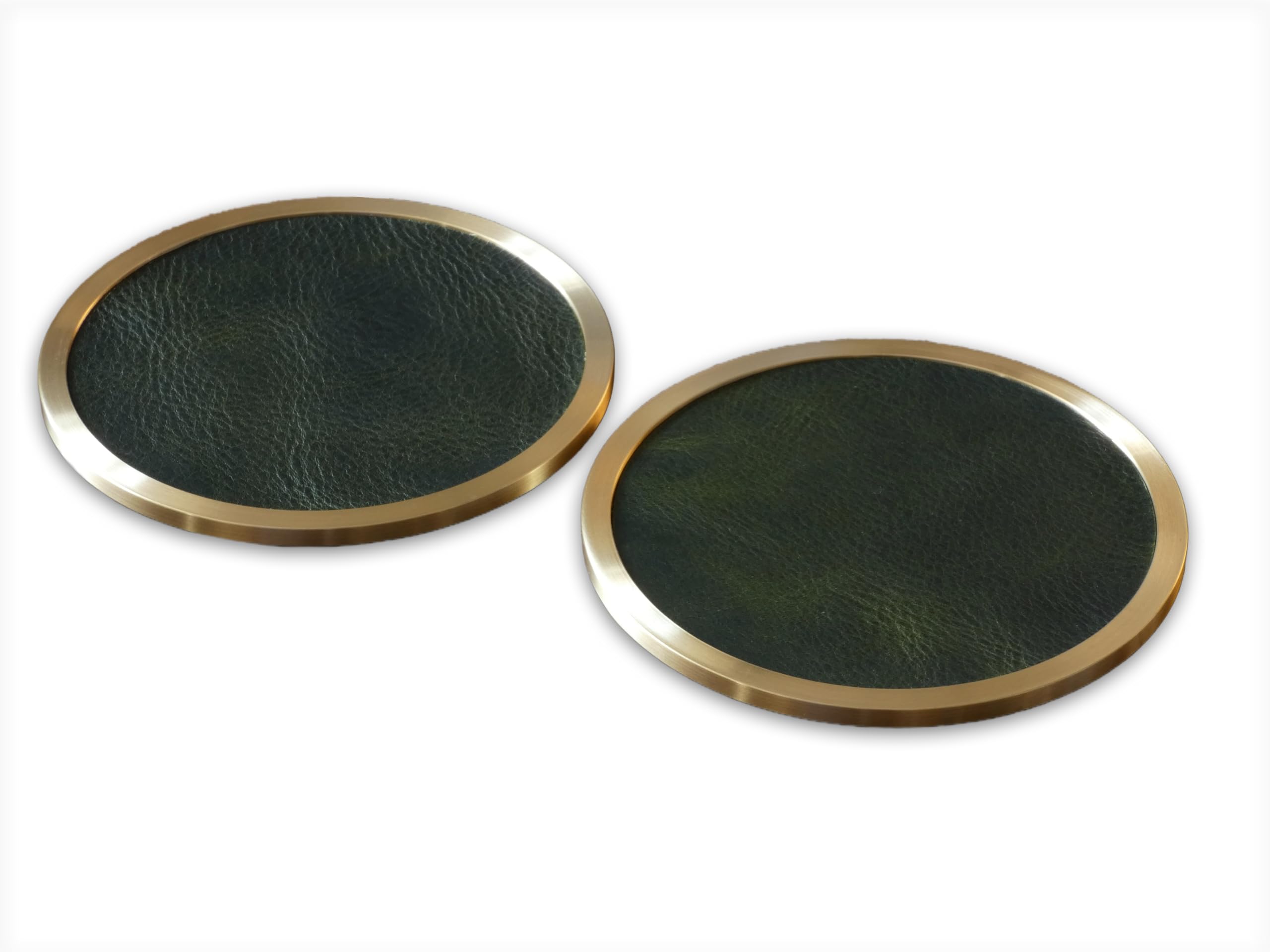 Brass & Italian Dark Green Leather Drinks Coaster Set (2)