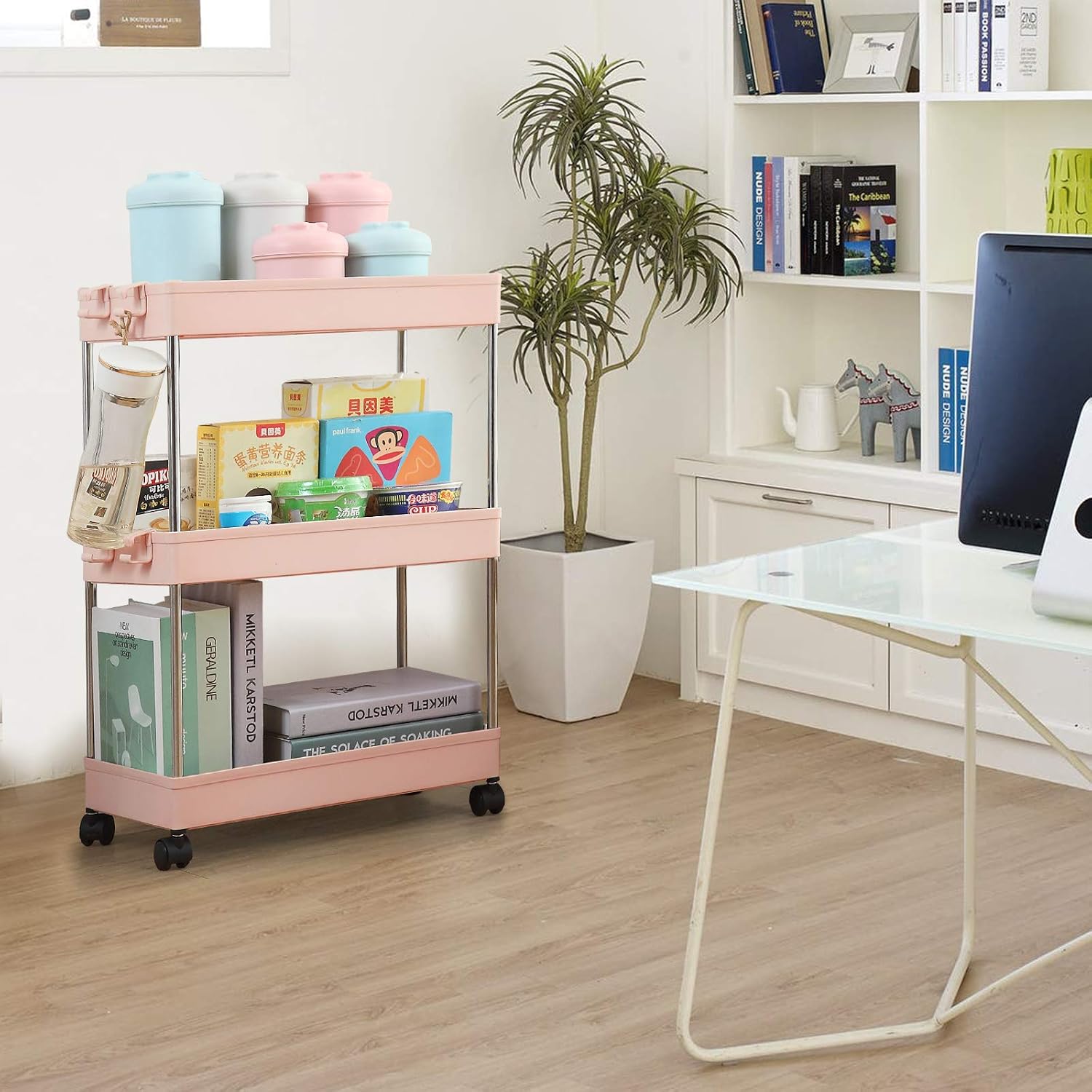 DILUOOU 3 Tier Slim Storage Cart, Mobile Shelving Unit Organizer Slide Out Rolling Storage Racks with Wheels, for Kitchen Bathroom Laundry Room Narrow Places，Pink