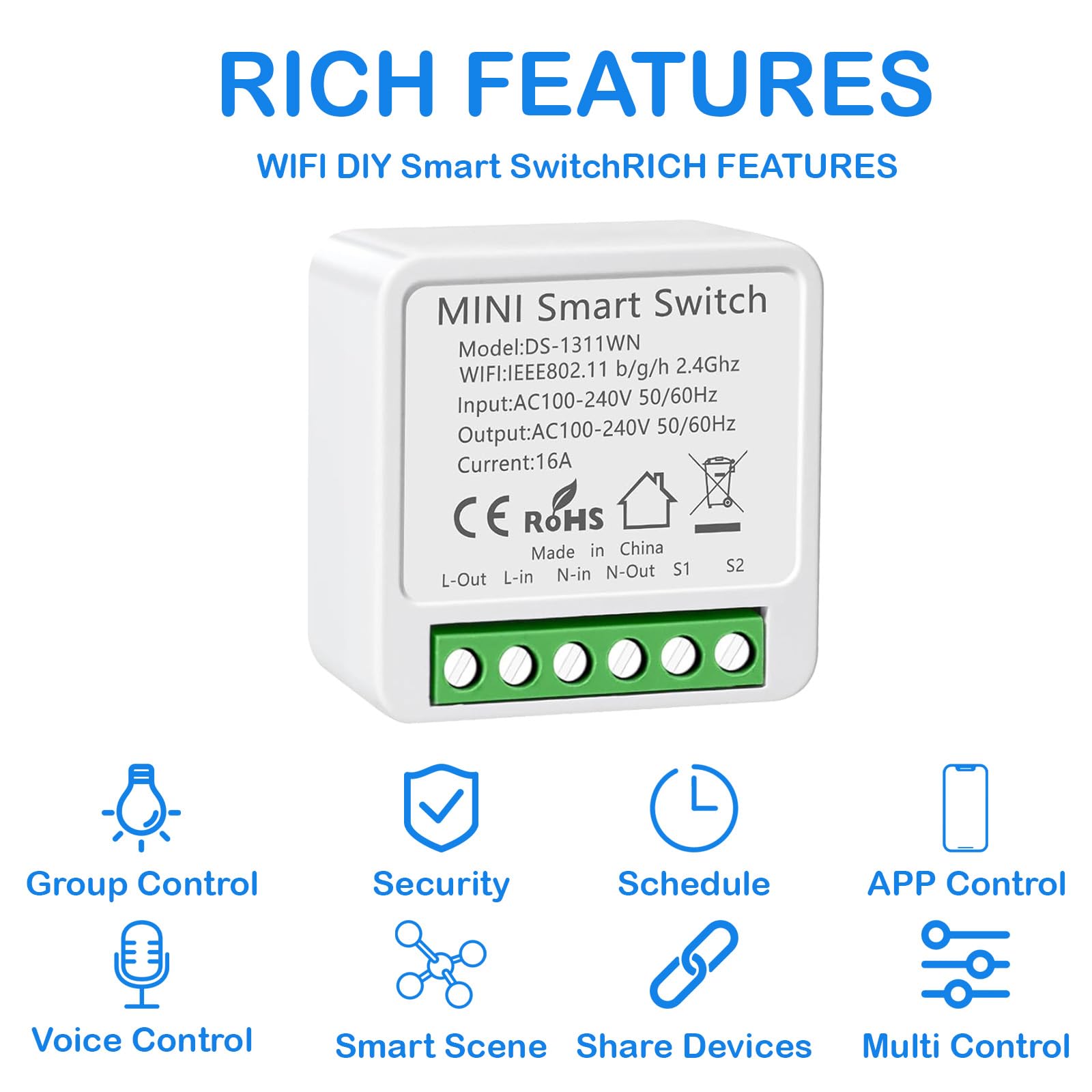 6 Pièces Alexa Interrupteur Connecté, Interrupteur Wifi Smart Life, 16A | 2.4G Interrupteur Intelligent Compatible avec Alexa assistants vocaux, Smart Life, Tuya, Mini Alexa Switch, Fil Neutre Requis