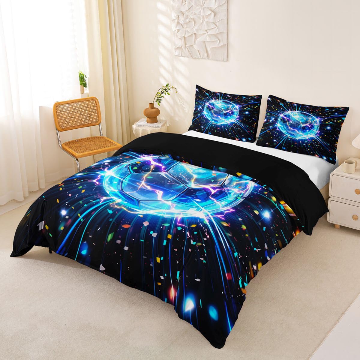 Homewish Lightning Soccer Super King poszewka na kołdrę niebieski neon piłka nożna zestaw pościeli estetyczna sztuka świecąca piłka nożna poszewka na kołdrę fajne sporty piłka gra zestawy łóżek