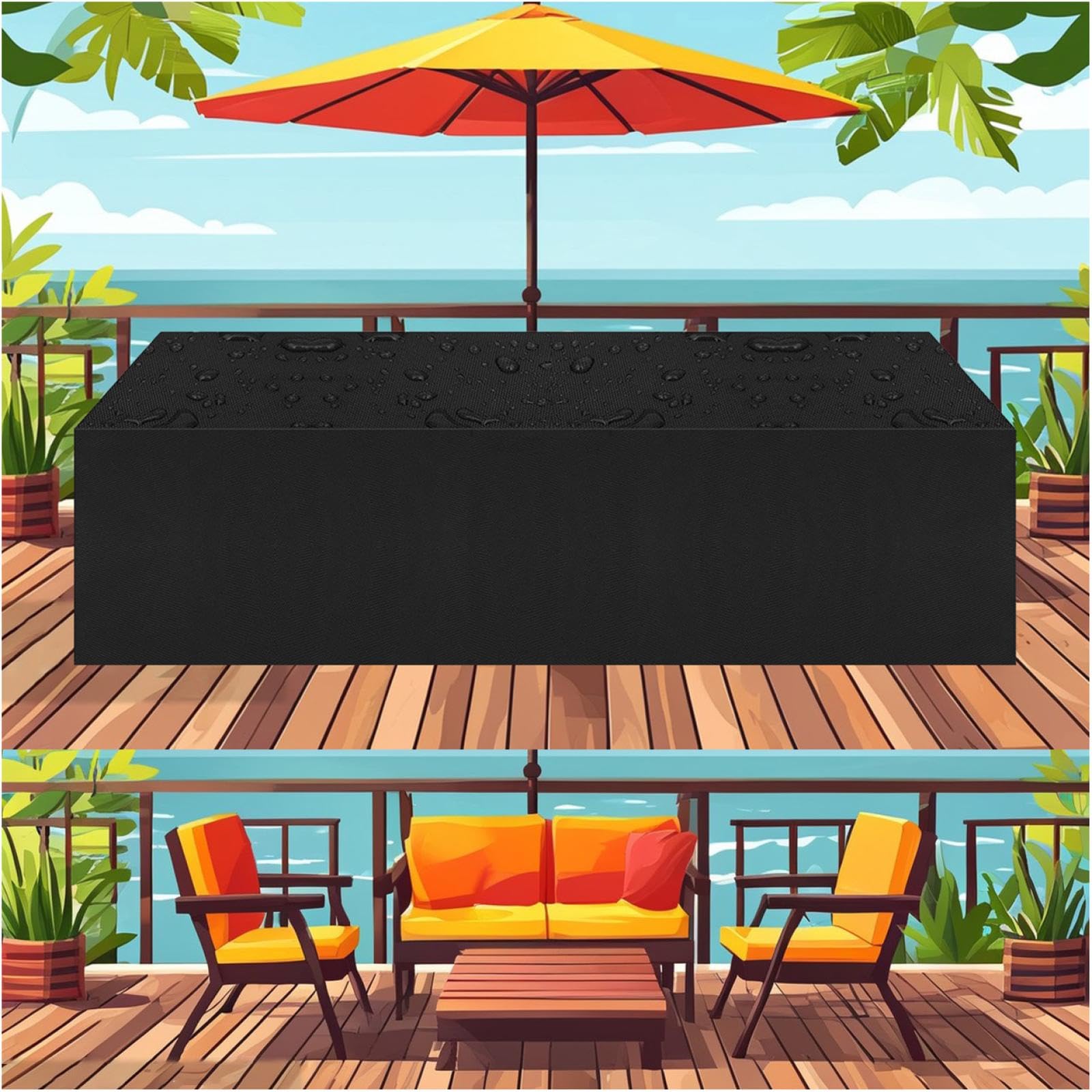 Ajalgz Black Garden Furniture Cover Waterproof Rattan Sofa Covers 350X300x70cm/Lxwxh Rectangular Garden Furniture Set Cover, 420D Oxford Patio Furniture Cover Windproof Garden Table Chair Cover