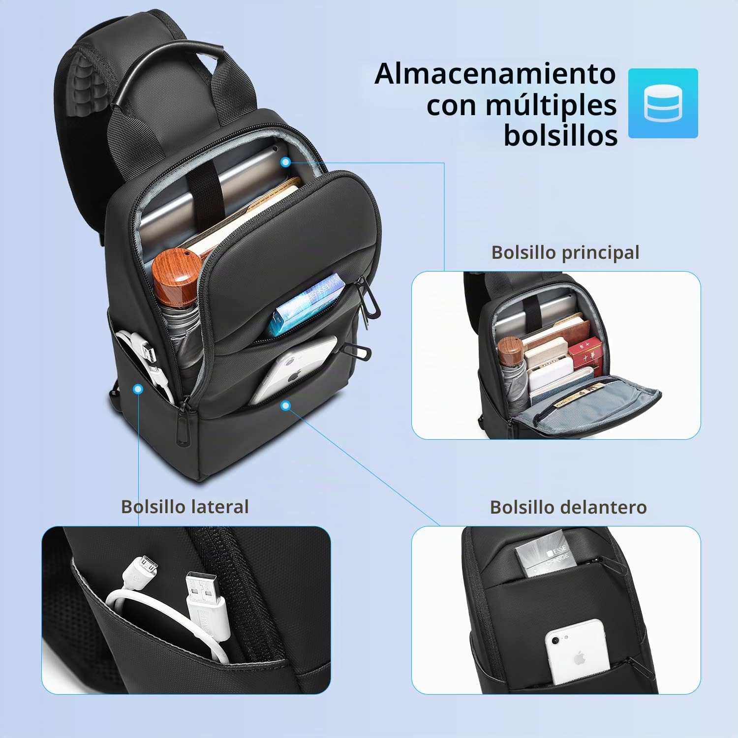Bolso Bandolera Hombre Bolso Pecho Impermeable Bolso Cruzado Mochila Bandolera para Vida Diaria Ciclismo Caminar Viajar y Trabajar-Negro