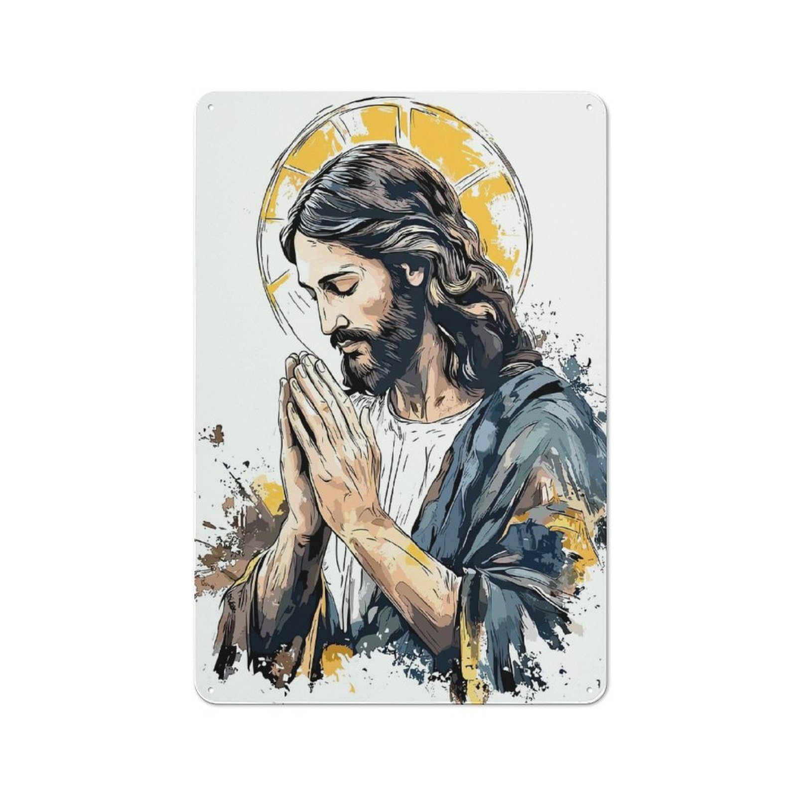 Junmoney Jesus Christ In Prayer Illustration Workshop Style Metal Wall Decor 30X20cm, Tin Sign For Tool Room, Garage, Studio Or Home Bar