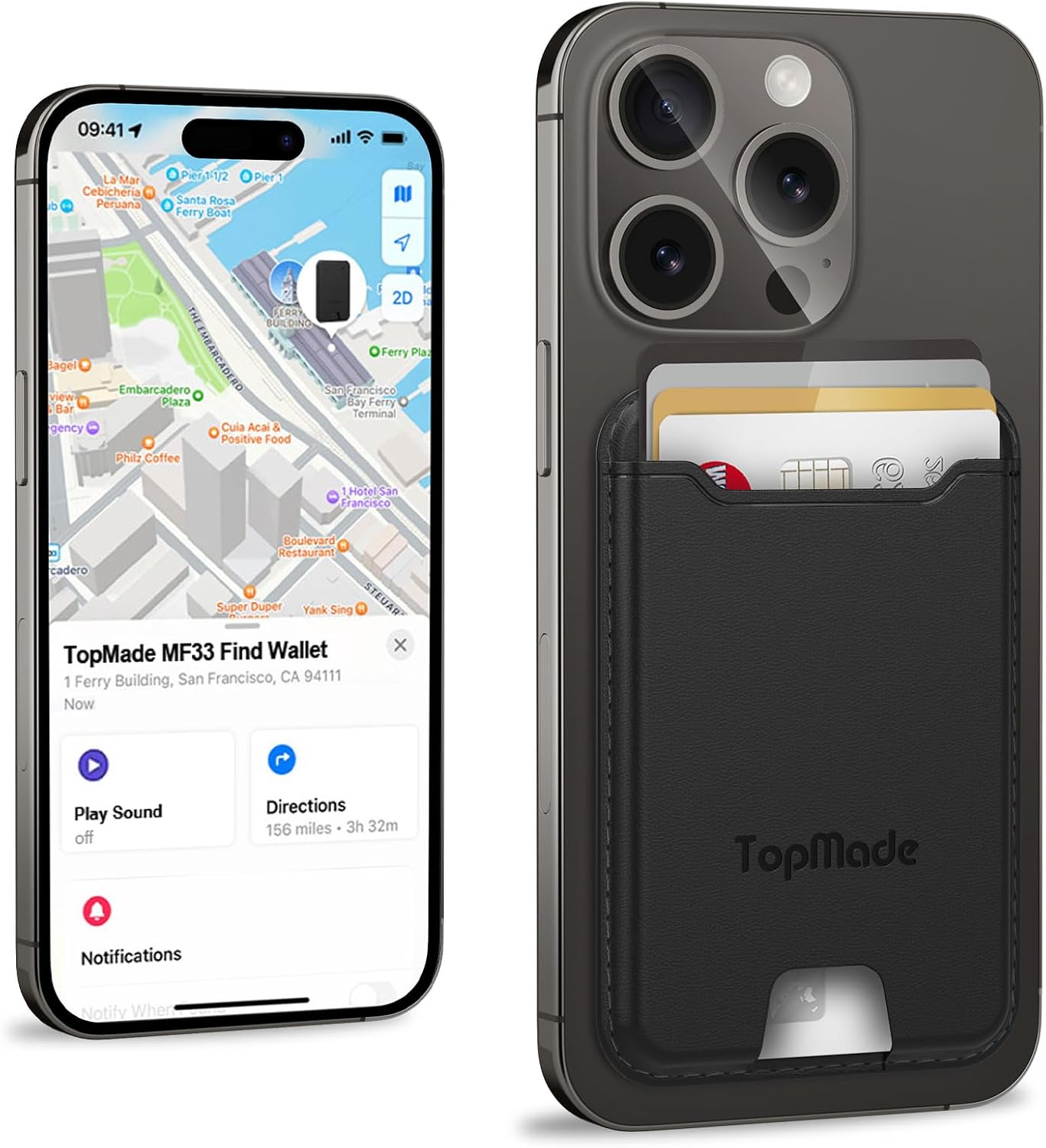 TopMade MF33 Magnetic Wallet attached to an iPhone, with the Find My app showing its location.